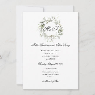 Elegante saliegroene krans monogram bruiloft kaart