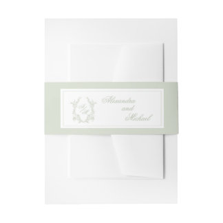 Elegante saliegroene kuif monogram namen bruiloft uitnodigingen wikkel