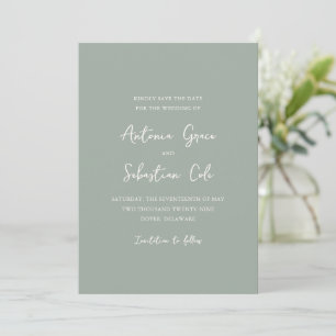 Elegante saliegroene moderne trouwdag save the date