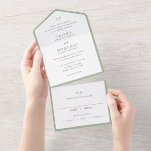 Elegante saliegroene monogram moderne trouw all in one uitnodiging