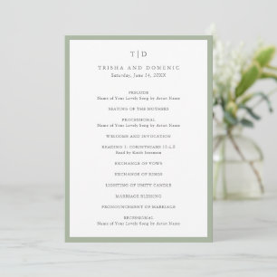 Elegante saliegroene monogram moderne trouwdag programma
