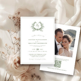 Elegante Saliegroene Monogram Wapen QR Code Trouwe Kaart