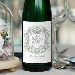 Elegante saliegroene monogrammen kroon vintage bru wijn etiket
