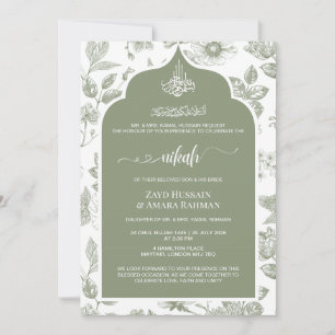 Elegante saliegroene Nikah-uitnodiging   Lijnkunst Kaart
