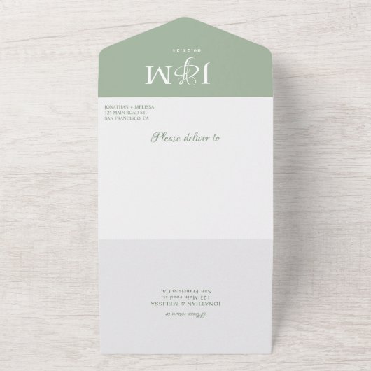 Elegante saliegroene overlay foto monogram bruilof all in one uitnodiging (Buitenkant)