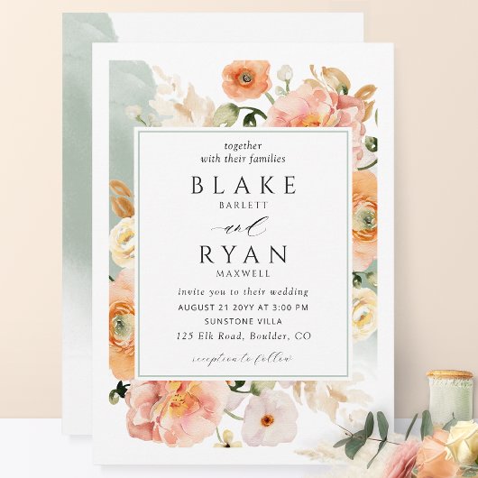 Elegante saliegroene, perzik botanische bruiloft kaart