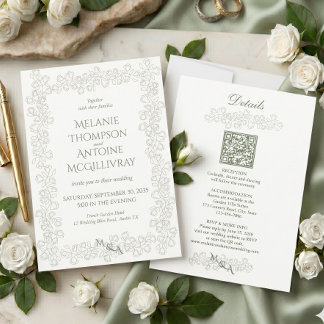 Elegante Saliegroene QR Code RSVP Vintage Trouwen Kaart