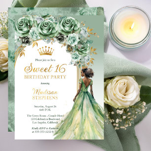 Elegante Saliegroene Roos Bloemrijke Sweet 16 Fees Folie Uitnodiging