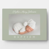 Elegante saliegroene script doopfoto fotoplaat (voorkant)