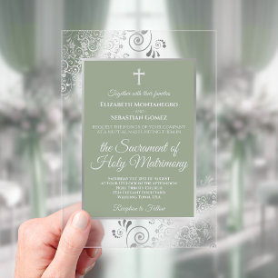 Elegante saliegroene sierlijke zilveren katholieke acryl uitnodigingen