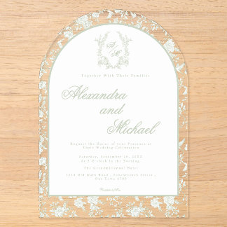 Elegante Saliegroene Toile Bloemen Monogram Acryl Uitnodigingen