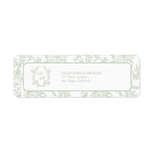 Elegante saliegroene toile-wapenschild-huwelijksmo etiket