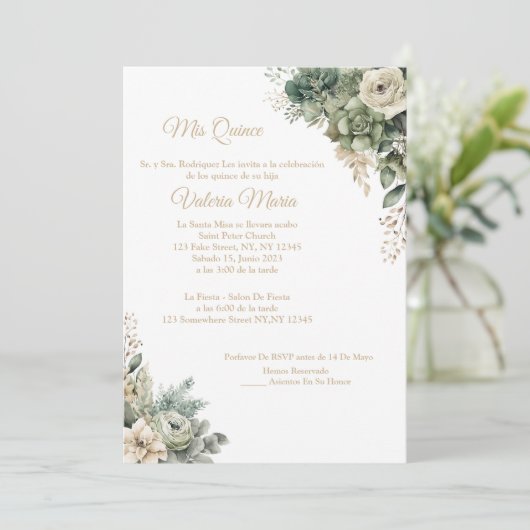 Elegante saliegroene uitnodiging met betoverende r (Staand voorkant)