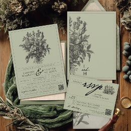 Elegante Saliegroene Vintage Bloem Boho Bruiloft Kaart