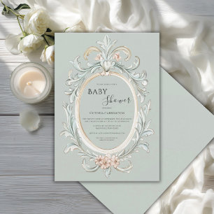 Elegante Saliegroene Vintage Lijst Baby Shower Kaart
