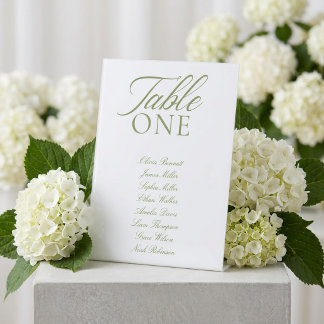 Elegante Saliegroene & Witte Trouwtafel Nummer Reclamebord Met Voetstuk