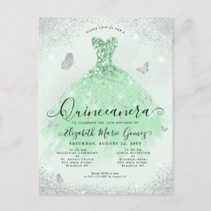 Elegante saliegroene zilveren glitter jurk Quincea Briefkaart