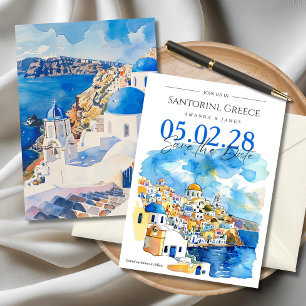 Elegante Santorini Waterverf Bruiloft Save the Dat Kaart