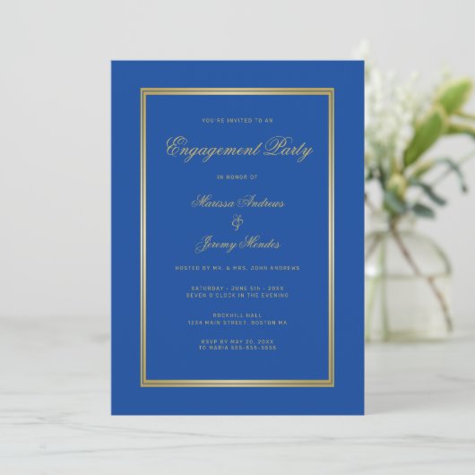 Elegante Sapphire Blue Gold Script Engagement Part Kaart (Staand voorkant)