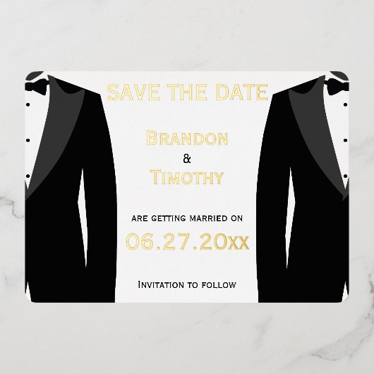Elegante Save The Date Huwelijk Tussen Mannen Echt Folie Uitnodiging (Voorkant)
