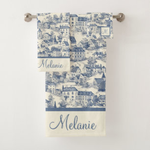 Elégante scène du village de Toile Bleue de Jouy