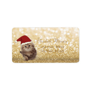 Elegante, Schattige Kat Met SantaHoed,Glitterende Etiket