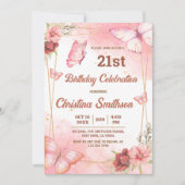 Elegante schattige roze bloemenvlinder 21e verjaar kaart (Voorkant)
