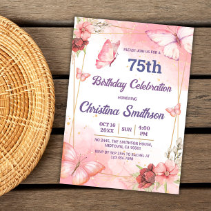 Elegante schattige roze bloemenvlinder 75e verjaar kaart
