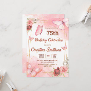 Elegante schattige roze bloemenvlinder 75e verjaar kaart