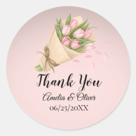 Elegante Schattigee Roze Tulpen Boeket bruiloft Ronde Sticker