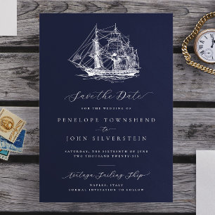 Elegante scheepshuwelijk in marineblauw save the date