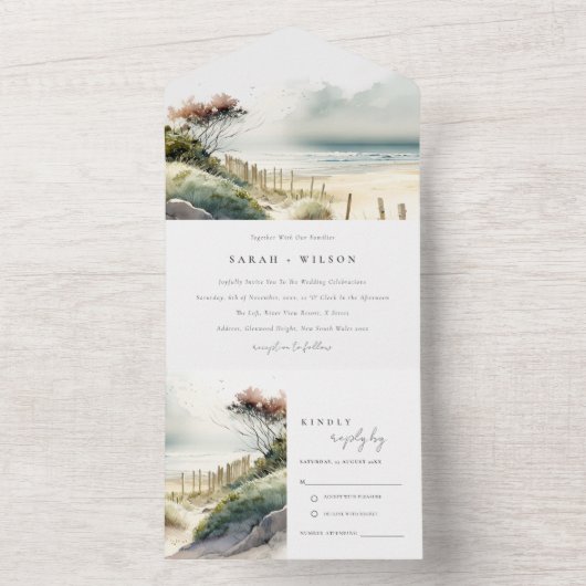 Elegante Schemerige Kust Zand Strand Zeelandschap  All In One Uitnodiging (Binnen)