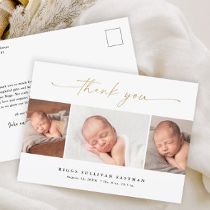 Elegante Script 3 Foto Collage Baby Bedankt Briefkaart