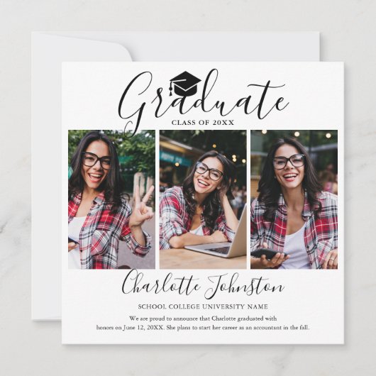 Elegante Script 4 Foto Afstudeersa Invitatie Kaart (Voorkant)