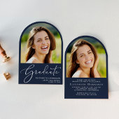 Elegante Script Arch Foto Blauw Afstudeerfeest Kaart