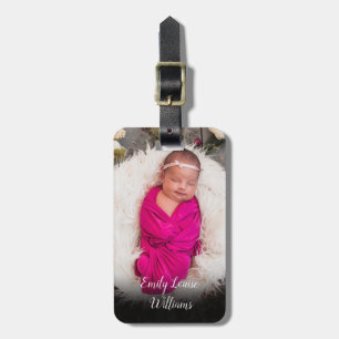 Elegante Script Babyfoto Bagagelabel