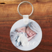 Elegante Script Babyfoto Sleutelhanger (Voorkant)