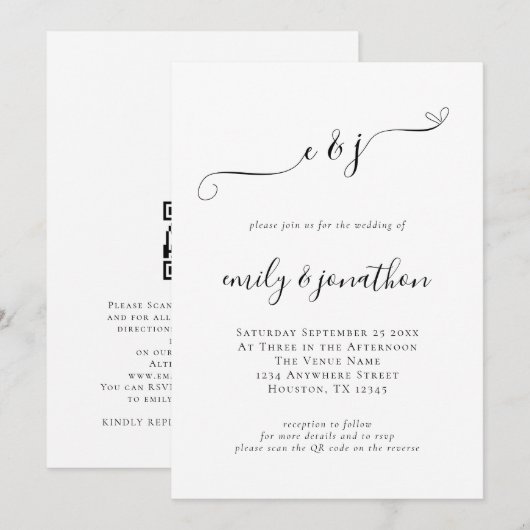 Elegante Script Beginletters QR-code Bruiloft Kaart (Voorkant / Achterkant)