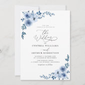 Elegante script blauwe bloemen bruiloft kaart (Voorkant)