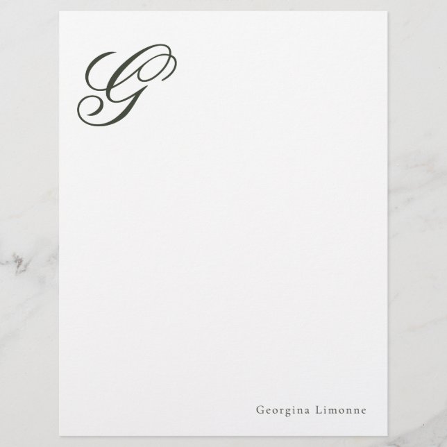 Elegante Script Bosgroene Monogram Briefpapier Briefhoofd (Voorkant)