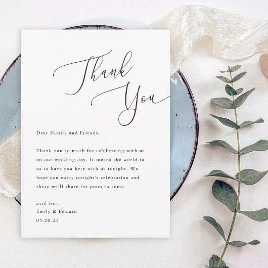 Elegante script bruiloft plaats instelling dank je bedankkaart