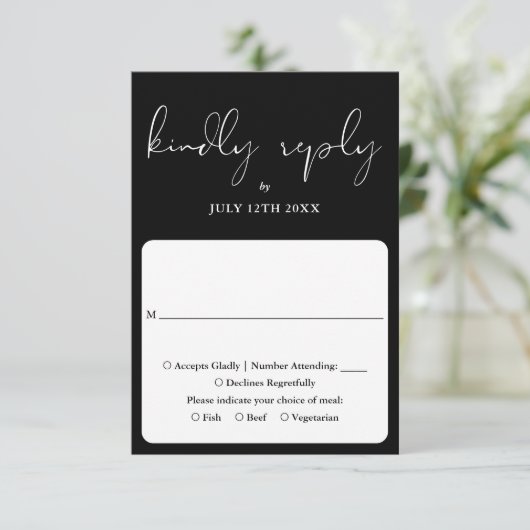 Elegante Script Calligrafie Zwart-Wit Huwelijk RSVP Kaartje (Staand voorkant)