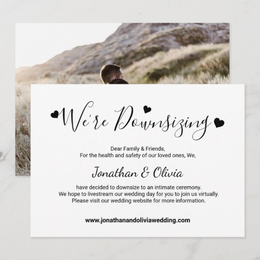 Elegante Script Downsizing Kleinere Trouwfoto Aankondiging (Voorkant / Achterkant)