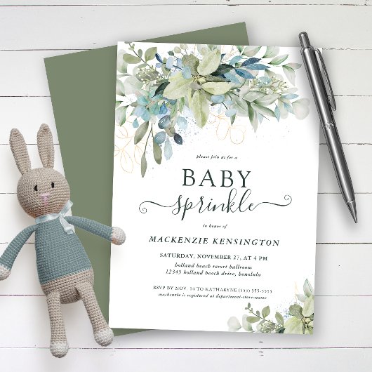Elegante Script Eucalyptus Groene Baby Sprinkle Kaart