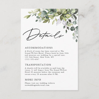 Elegante Script Eucalyptus Groene Huwelijksdetails Informatiekaartje