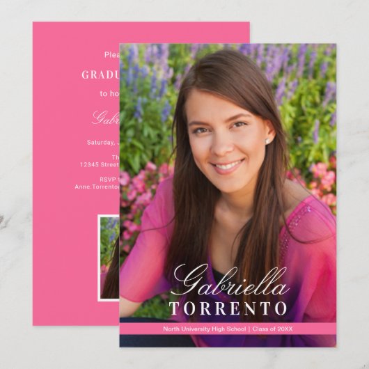 Elegante Script Foto Afsluitfeest Roze Kaart (Voorkant / Achterkant)