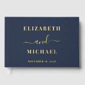 Elegante Script Foto Navy Blauwe Trouw Gastenboek (Voorkant)