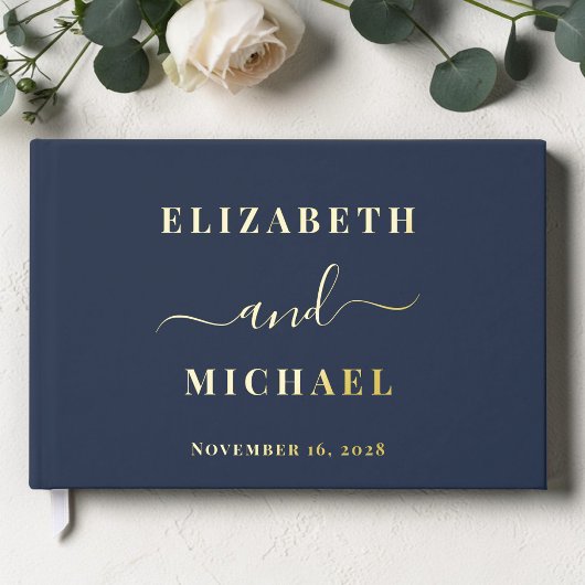 Elegante Script Foto Navy Blauwe Trouw Gastenboek