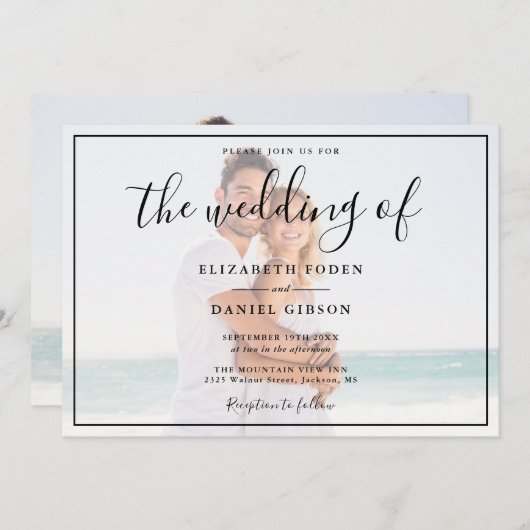 Elegante Script Foto Wit En Zwarte Trouw Kaart (Voorkant / Achterkant)