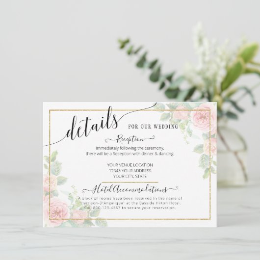 Elegante script gouden blush bloemige trouwdetails informatiekaartje (Staand voorkant)